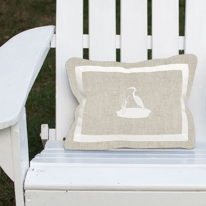 Blue Heron on Outdoor Linen Herringbone Lumbar